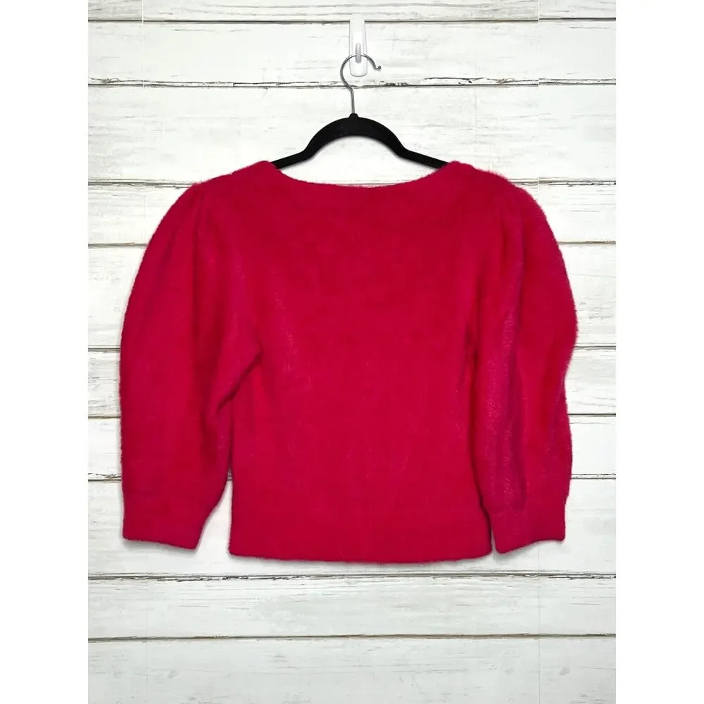 Free People Moonbeam Sweater Small Hot Pink Cropped Puff Sleeve Soft Knit